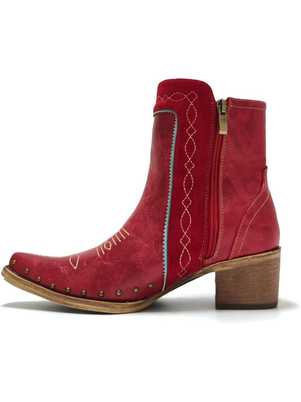 Women's Red Fringe Classic Cushioned Insole Ankle Boots with Turquoise Stones - Picture 4 of 4